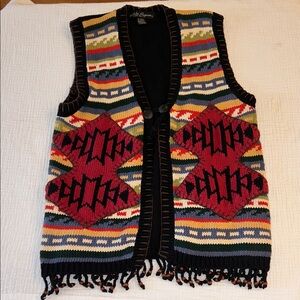Vintage Women’s Sweater Vest Beaded Fringe Black Red Med- Large Boho Aztec